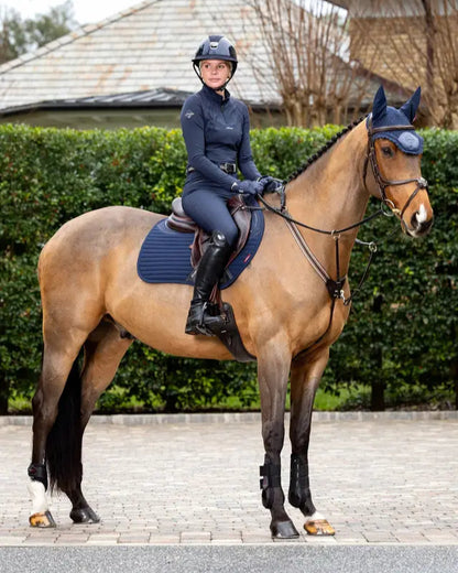 LeMieux Soft Shell Anti Slip Eurojump Square Saddle Pad Navy - Woman Riding Horse. Equiflair Saddlery