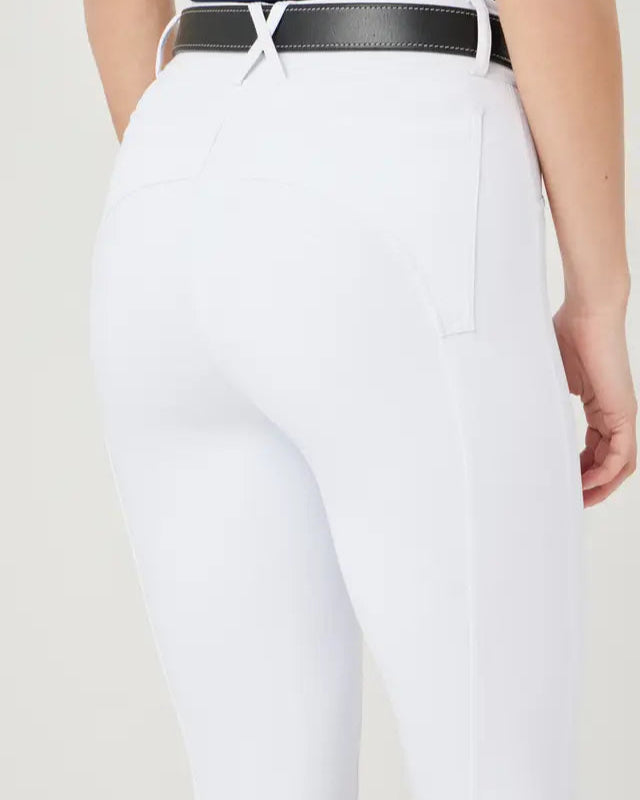 White Equestrian Riding Breeches with Black Leather Belt for Comfort and Security.
