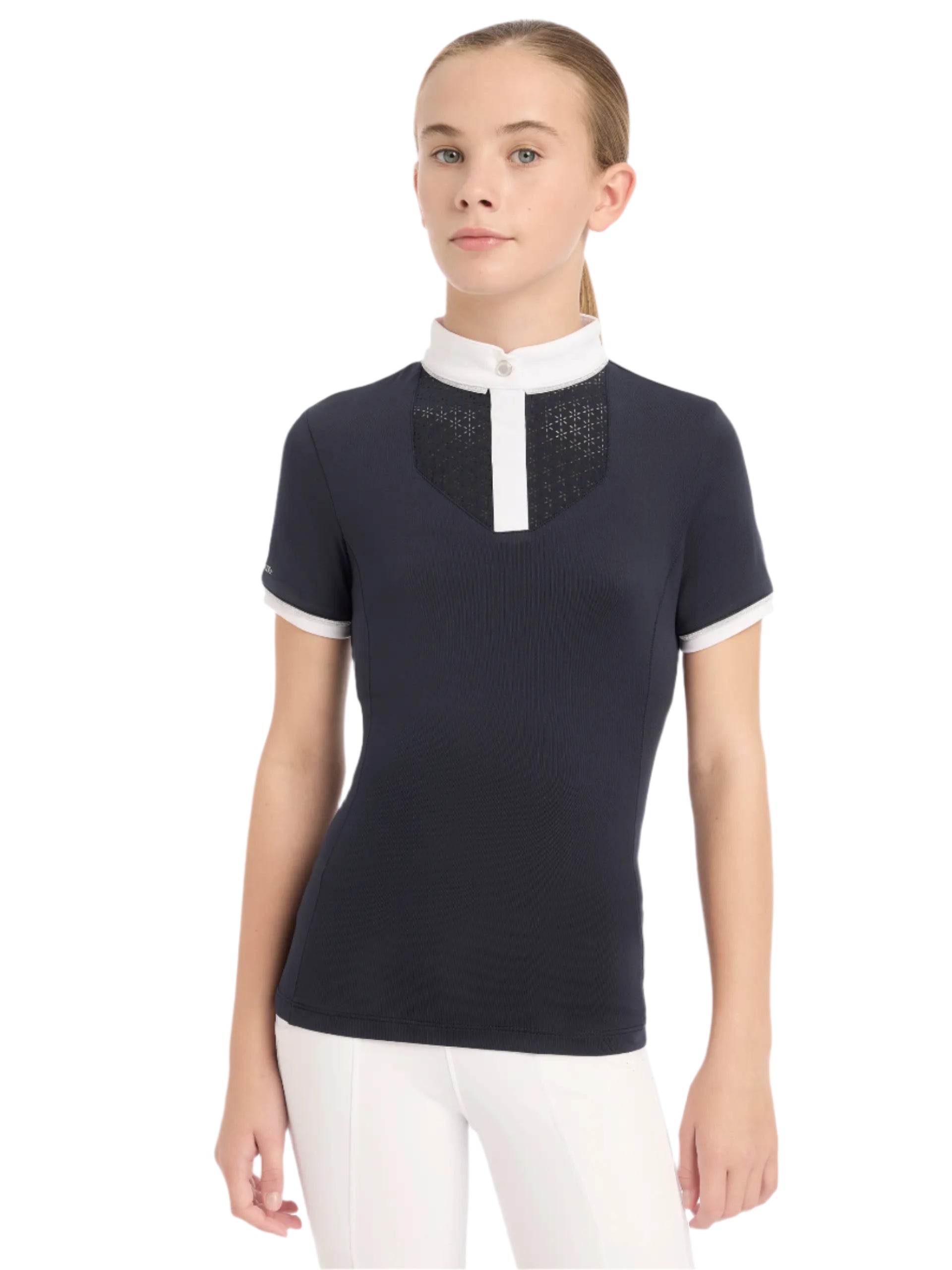 Lemieux Young Rider Belle Navy Show Shirt: High-Stretch, Floral Laser-Cut Equestrian Apparel