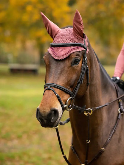 LeMieux Classic Fly Hood Orchid - Medium. Horse fly protection with style. Equestrian ear net.