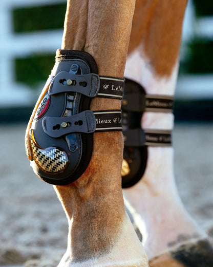 LeMieux Exo-Flex Ankle Boots: Brown & Gold Equine Fetlock Boots for Protection & Support. Horse Boots.