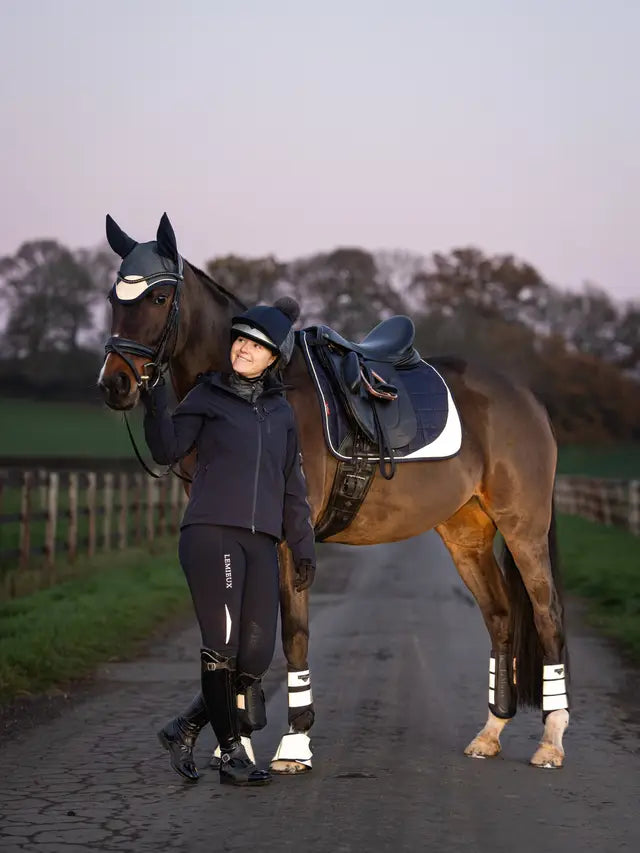 Equestrian Rider with Horse wearing CLASSIC FLY HOOD REFLECTIVE NAVY by Equiflair