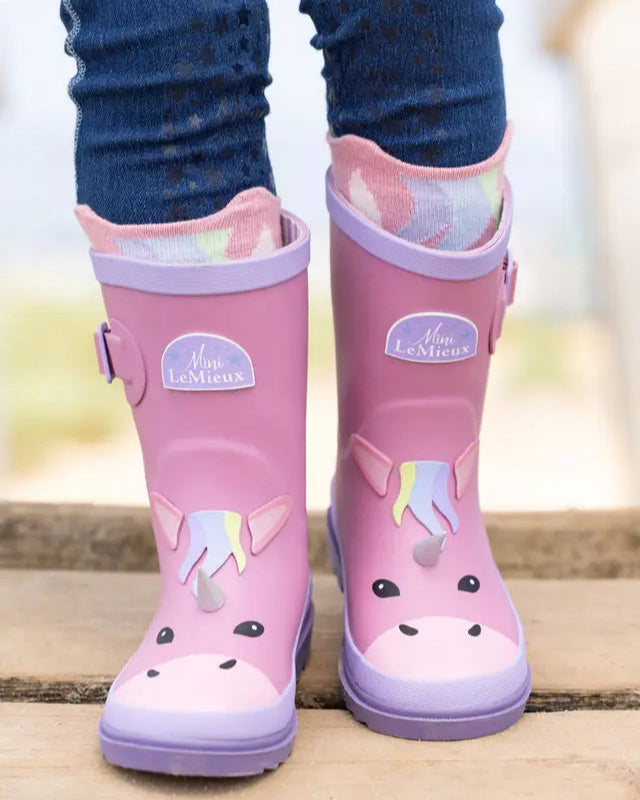 LEMIEUX Puddle Pals Kids Unicorn Welly Boots - Equiflair | Cute kids' wellies featuring a charming unicorn design.