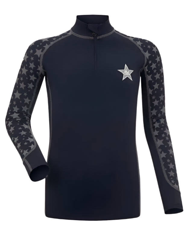 LEMIEUX Mini Reflective Print Base Layer - Indigo. Equestrian star print long sleeve shirt, reflective detail.