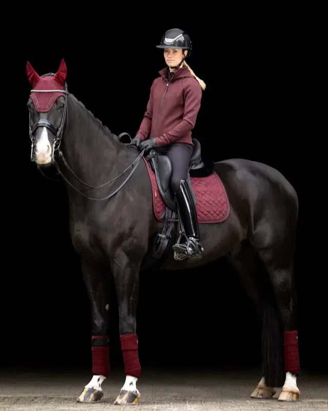 Lemieux Crystal Fly Hood Burgundy on horse: Equestrian riding apparel, fly protection, stunning sparkle. #Lemieux #HorseGear