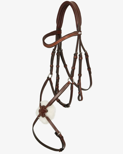 LEMIEUX Arika Grackle Bridle Havana/Silver: Brown leather horse bridle with silver fittings and white nose pad. Equestrian equipment.