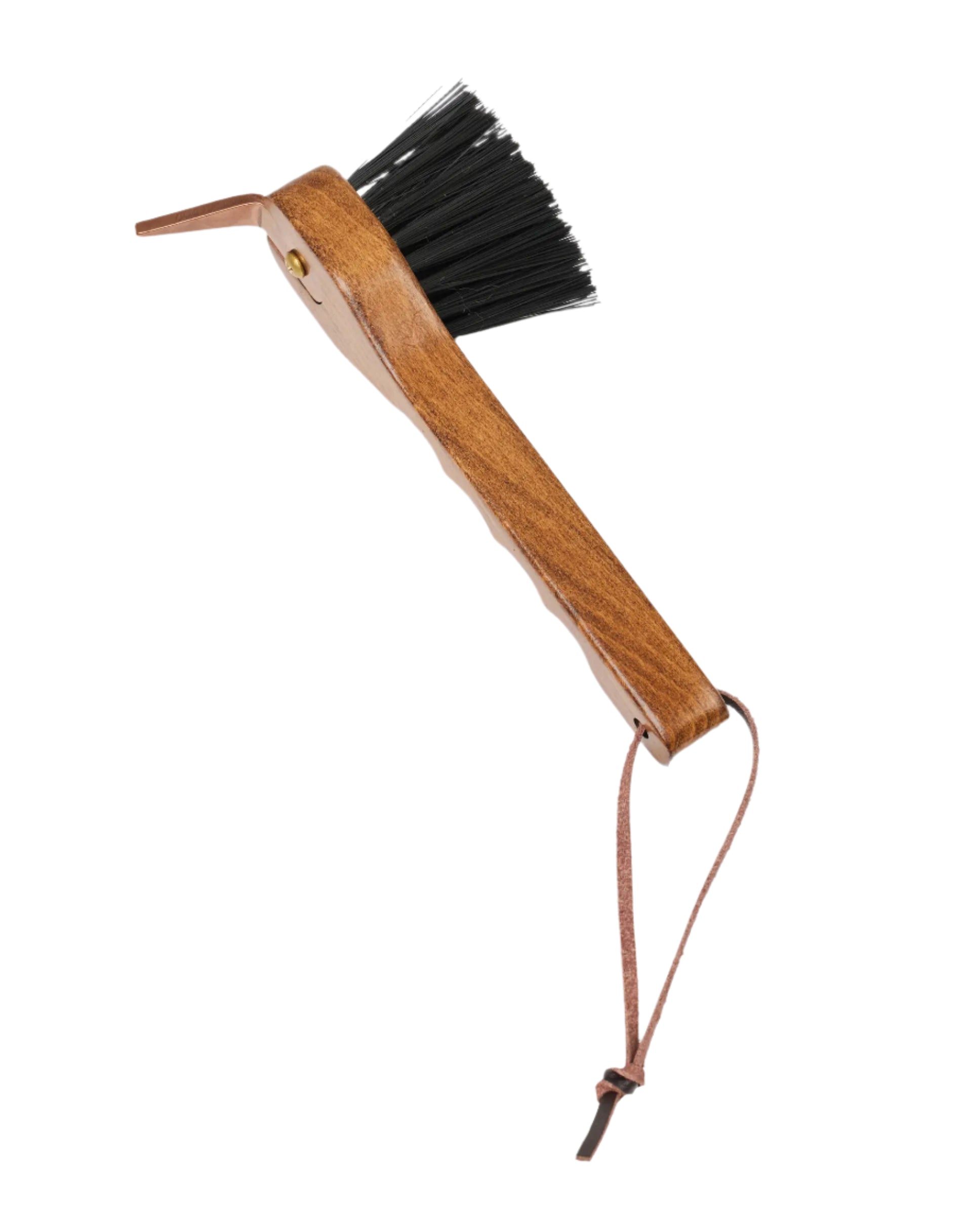 LeMieux Artisan Hoof Pick: Brown wooden handle, black bristles, leather loop - Horse grooming tool for hoof cleaning