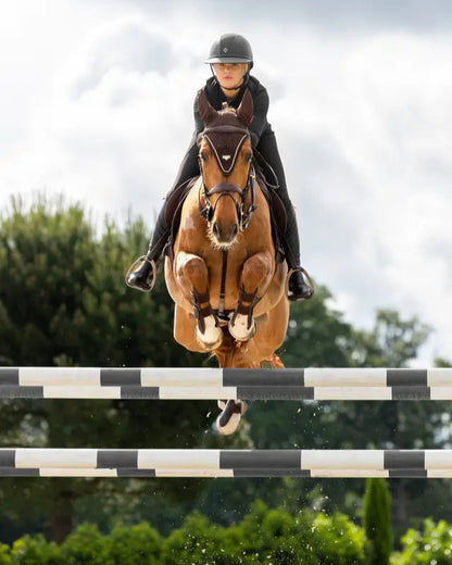 Horse jumping over jump wearing a LEMIEUX PUISSANCE FLY HOOD BROWN. Equestrian sport.