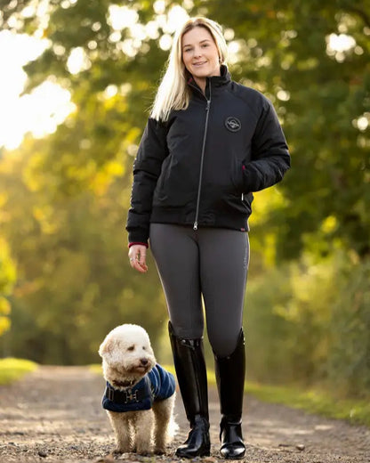 LEMIEUX ELITE CREW JACKET BLACK: Ladies waterproof riding jacket by Equiflair with dog.