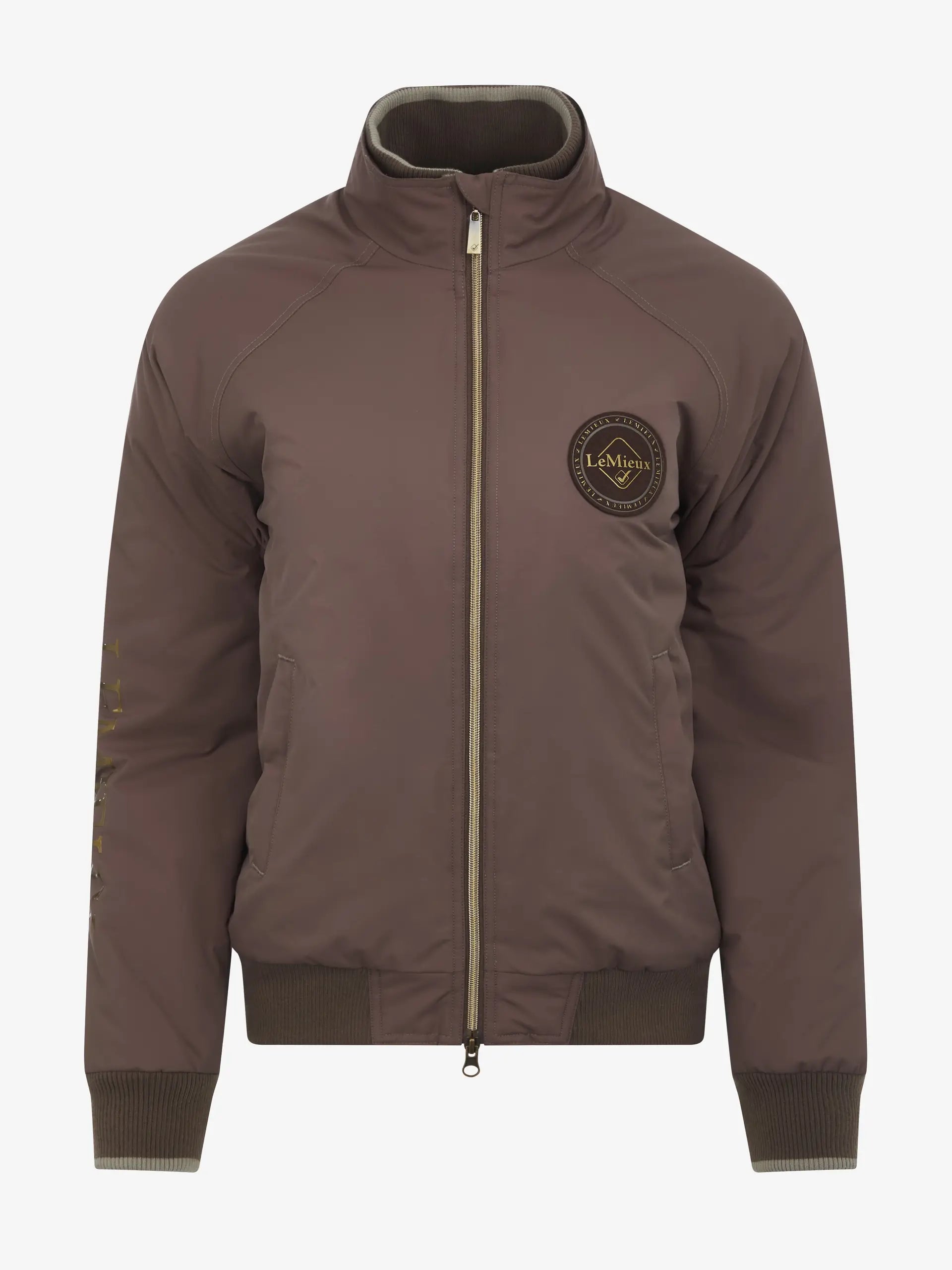 LeMieux Elite Crew Jacket Walnut: Waterproof, Wind Resistant Ladies Equestrian Jacket with Gold Details.