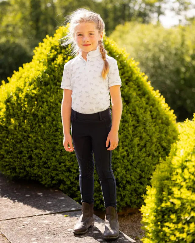 Girl in Lemieux Mini Bella Show Shirt White/Ponies Horse Riding Outfit