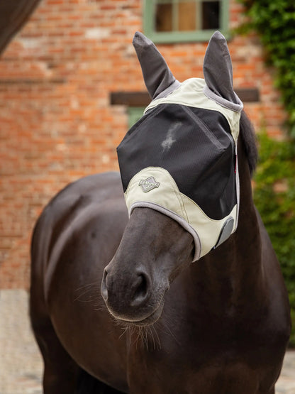 Horse wearing Lemieux Visor-Tek Fern fly mask. Equestrian head protection for summer from Equiflair.