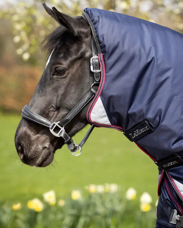 LEMIEUX KUDOS THERMO LAYER TURNOUT RUG 100G NAVY: Waterproof horse rug with detachable neck.