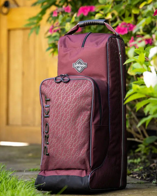 LeMieux Elite Pro Boot & Hat Bag Burgundy: Equestrian gear storage, waterproof, durable, riding essentials, horse riding.