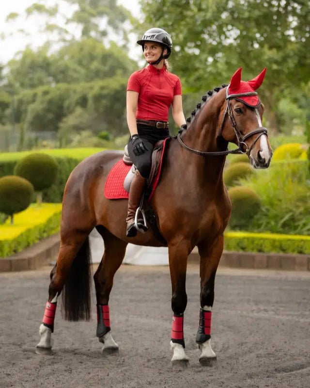 LEMIEUX MIA MESH SHORT SLEEVE BASE LAYER CHILLI - Equestrian Horse Riding Shirt - Woman Rider on Horse