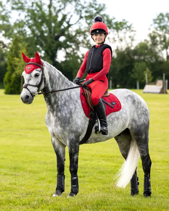 Young equestrian on horse wearing LeMieux Loire chili saddle pad and matching apparel: equestrian style, horse riding equipment