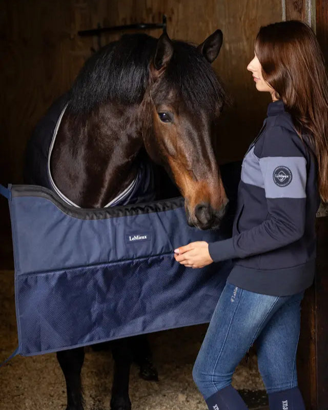 LeMieux Pro Stable Guard Navy: Horse in Stall with Equestrian Woman. Equiflair Product.