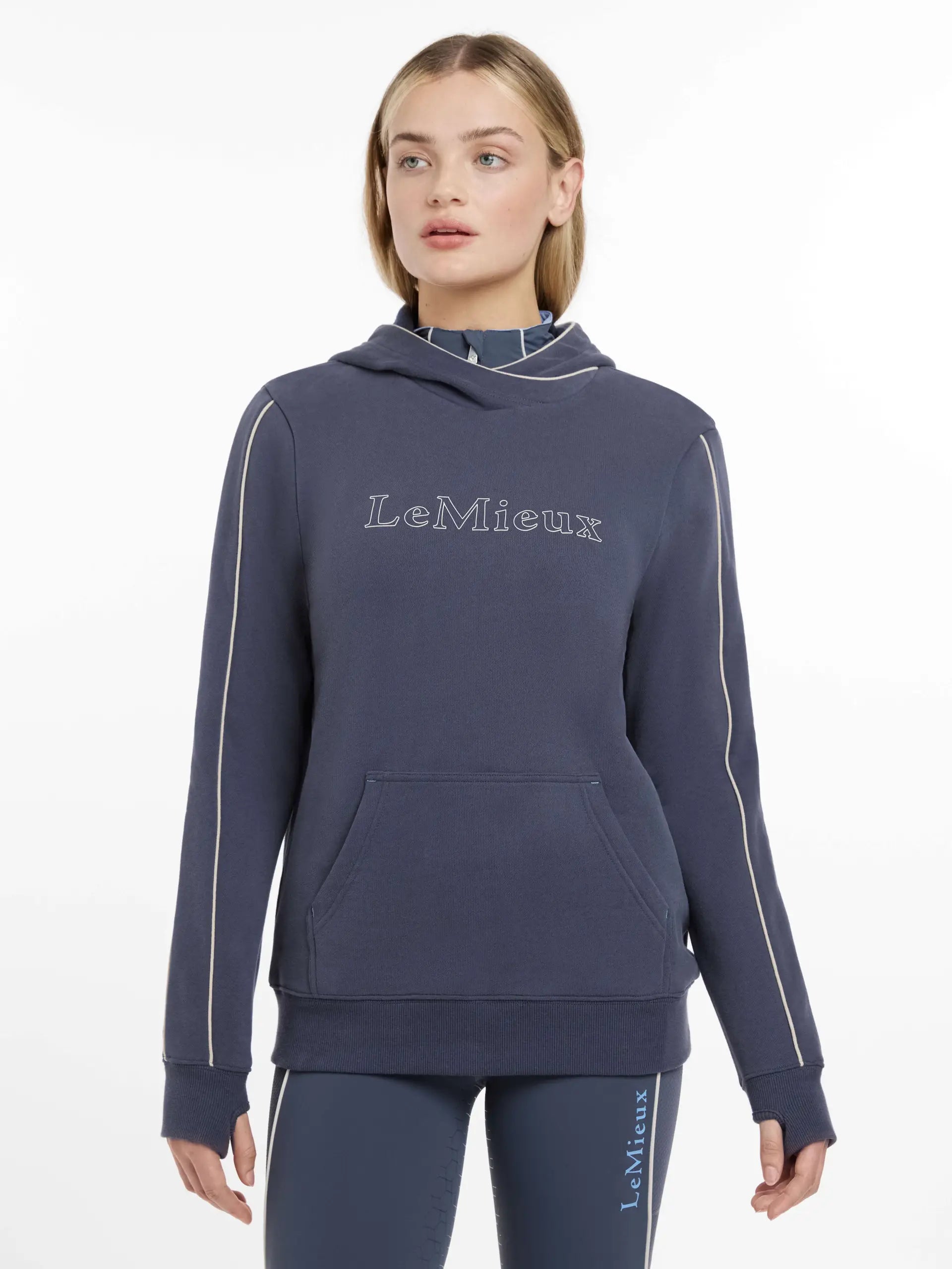 LeMieux Esme Dusk Blue Hoodie: Equestrian Style with Contrast Piping. Shop Now! #LeMieux #EquestrianFashion