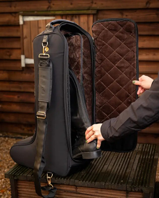 LEMIEUX LUXE BLACK Boot Bag: Equestrian Boot Protection with Faux Fur Lining from Equiflair. Riding Boot Storage and Travel Bag.