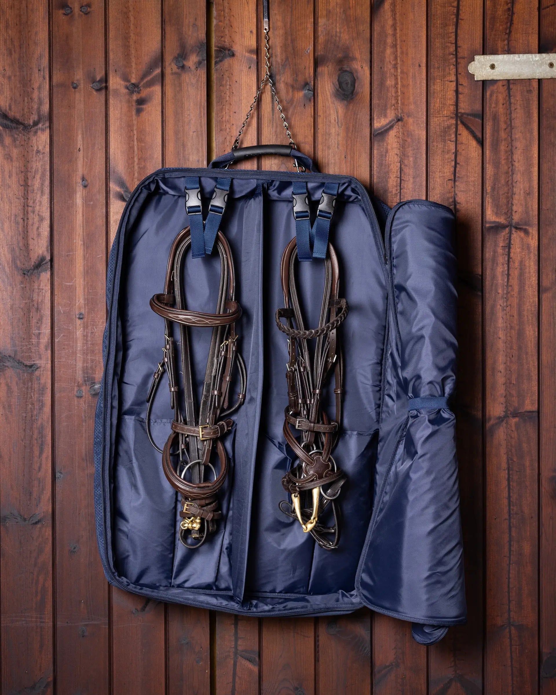 LEMIEUX TWIN BRIDLE BAG NAVY by Equiflair: Equestrian Bridle Storage Solution Hanging on Wooden Wall