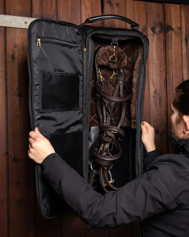 LEMIEUX Luxe Black Bridle Bag: Equestrian Tack Storage, Stylish and Protective. #Equestrian #BridleBag #LEMIEUX