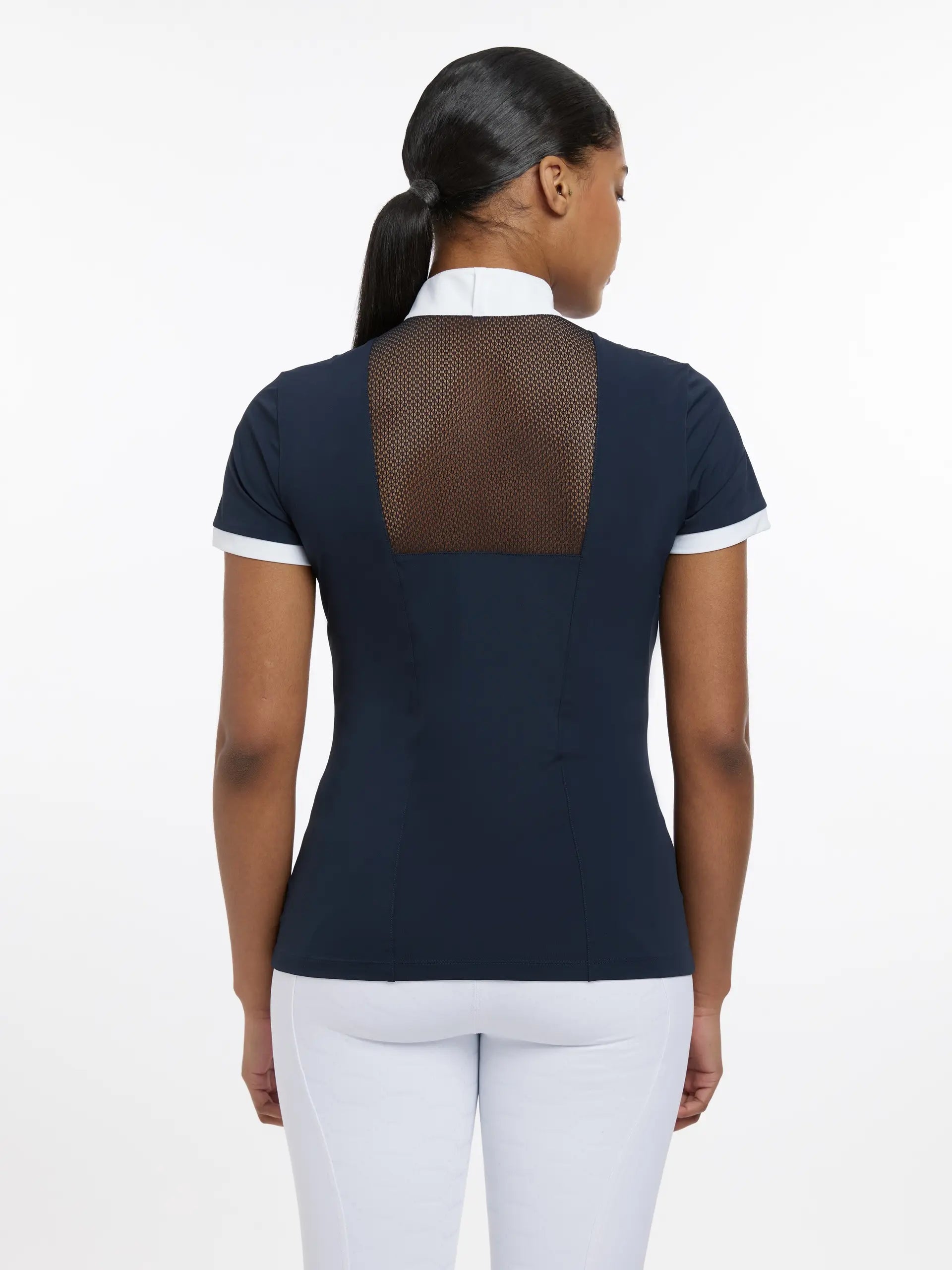 Lemieux Camille Navy Show Shirt: Short Sleeve, White Trim, Mesh Back, Competition Apparel