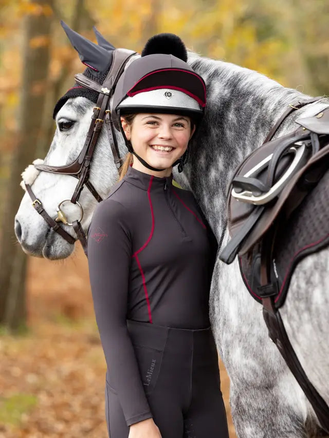 LeMieux Pippa Hat Silk Cinder: Equestrian Riding Helmet with Faux Fur Pom Pom - Girl & Horse
