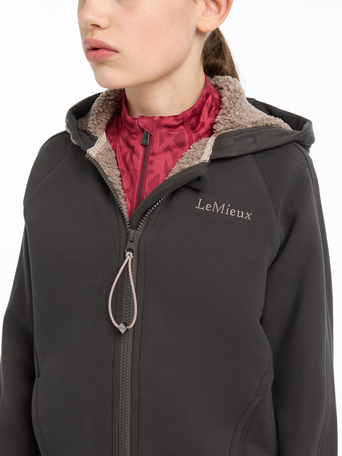 LeMieux Young Rider Hollie Lined Hoodie - Cinder. Fleece-lined equestrian hoodie for kids. Equiflair.