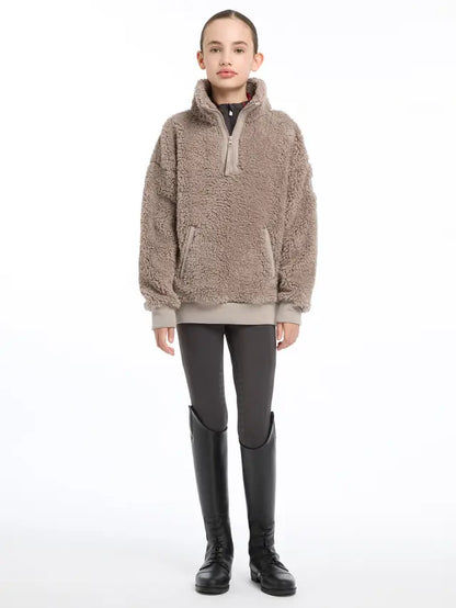 LEMIEUX Young Rider Tia Teddy Fleece Ash. Girl in equestrian fleece with riding apparel. Cozy kids riding sweatshirt.