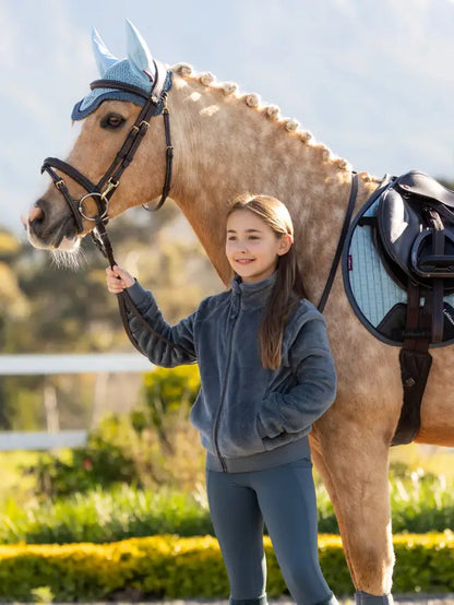 Young Rider LeMieux Fleece Jacket - Libby Petrol. Girl with horse in matching riding gear.
