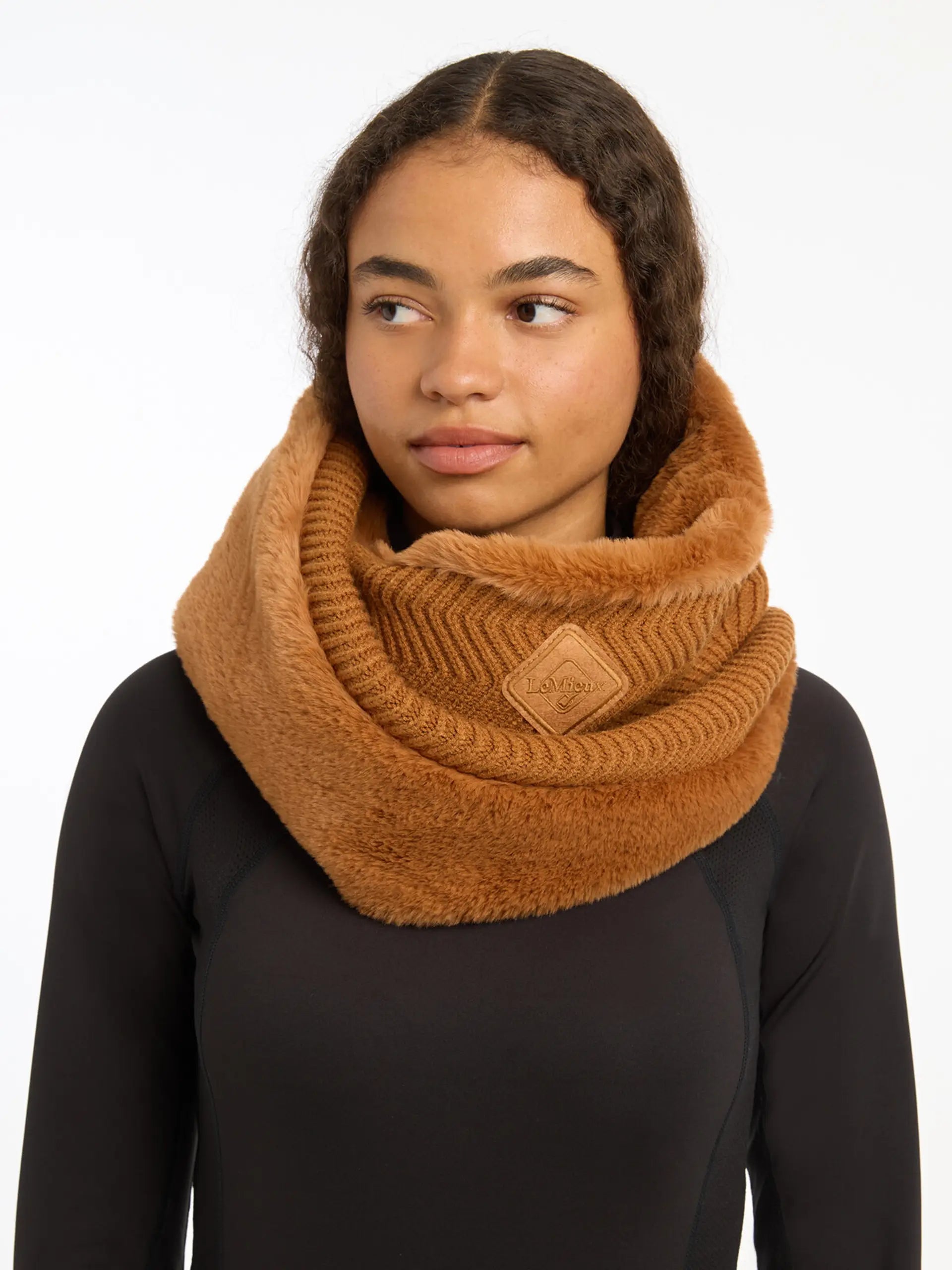 LeMieux Lila Snood Ginger: Faux fur lined neck warmer for women. Cozy equestrian apparel by Equiflair.