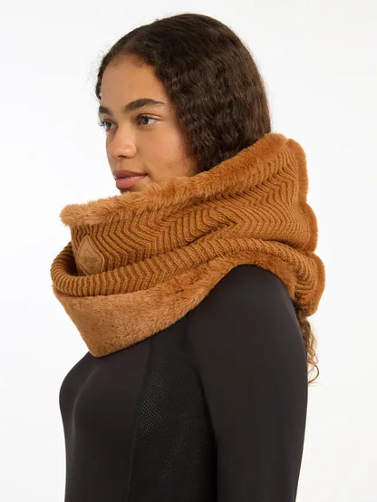 LeMieux Lila Snood Ginger: Warm faux fur lined neck warmer for women. Chevron knit pattern, winter fashion accessory.