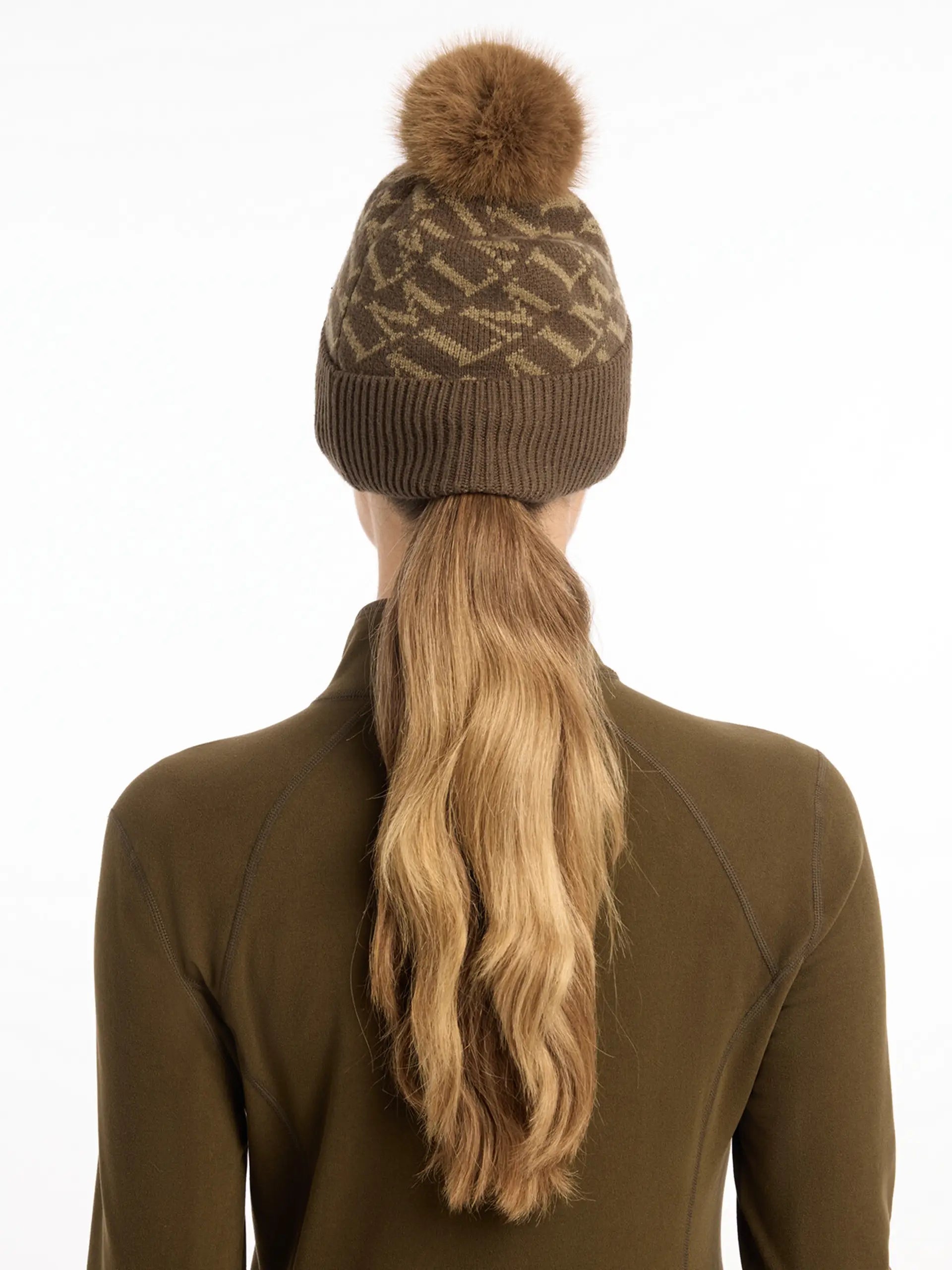 LeMieux Alpine Beanie Hat - Brown Equestrian Winter Hat with Faux Fur Pom Pom