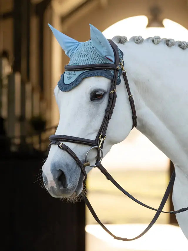 LeMieux Classic Fly Hood Glacier on White Horse - Equestrian Fly Protection