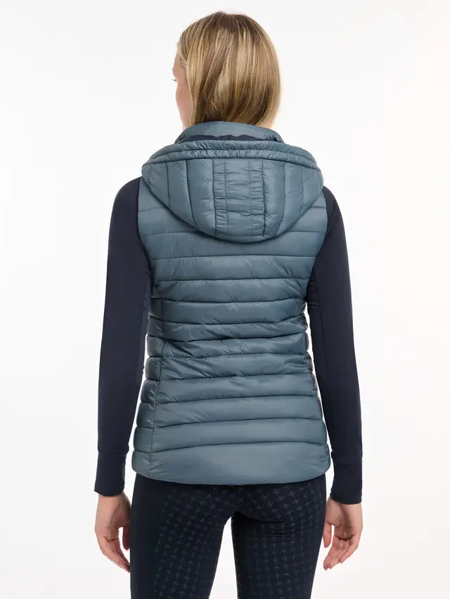 LeMieux Tilly Hooded Puffer Gilet Petrol: Lightweight, water-resistant equestrian vest.