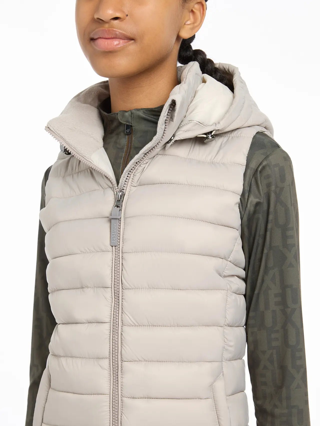 LEMIEUX YOUNG RIDER MILLY PUFFER GILET ASH: Water-Resistant Riding Vest with Hood for Young Equestrians. Shop Equiflair!