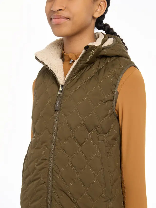 Lemieux Young Rider Eloise Reversible Winter Gilet in Alpine Green - Quilted Vest with Hood, Children's Equestrian Fashion