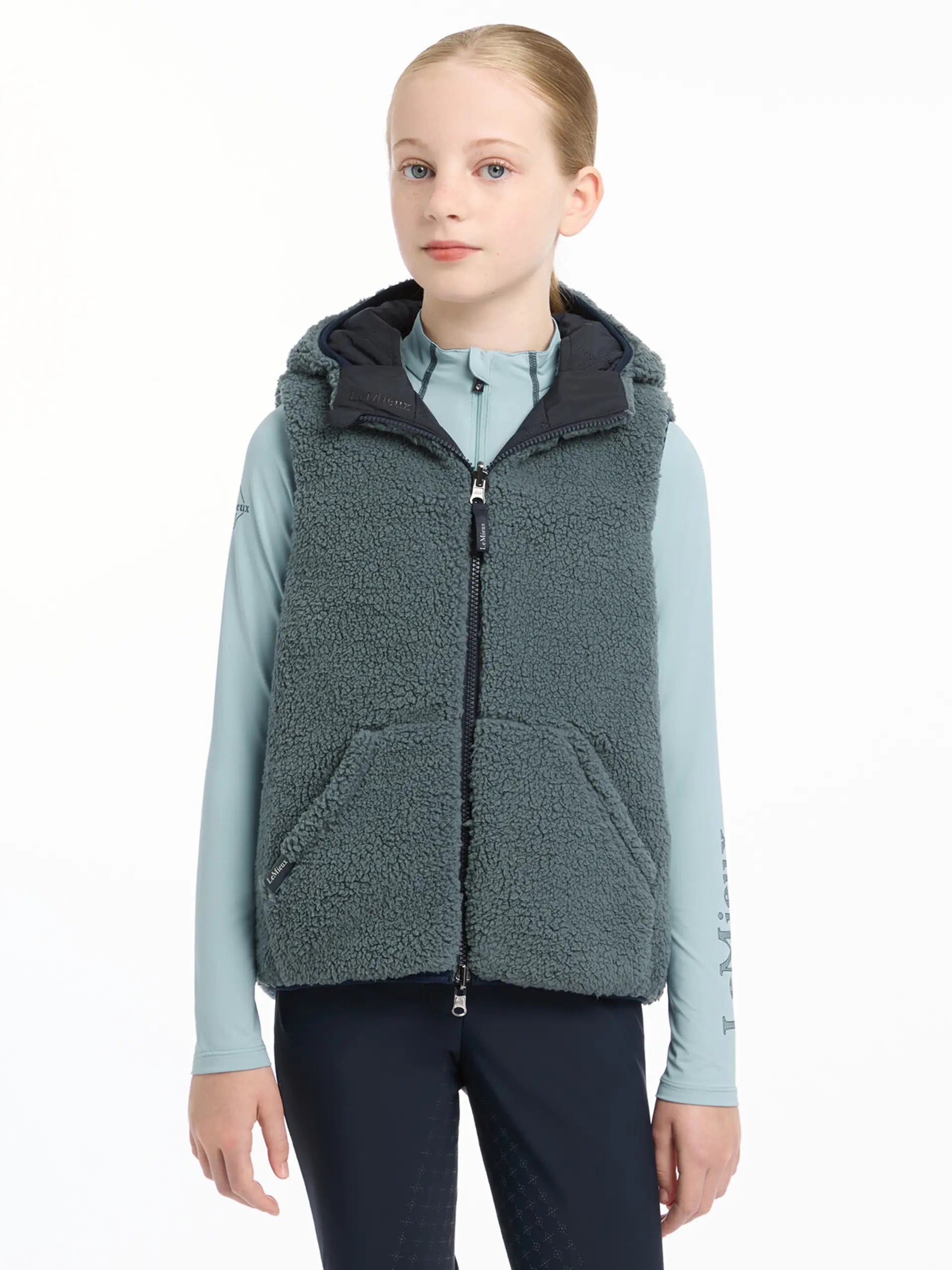 LeMieux Young Rider Eloise Reversible Winter Gilet Navy - Kids' Fleece Vest with Hood & Water Resistant Layer | Equiflair