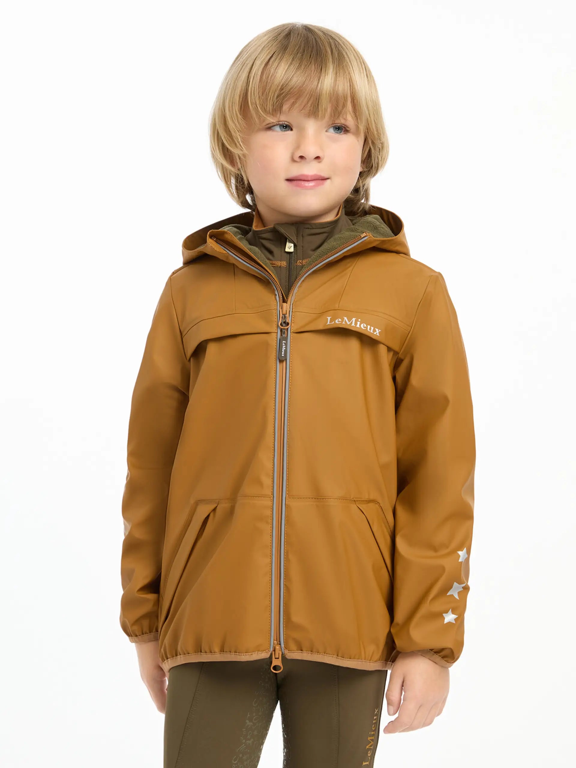 LEMIEUX MINI MILO WINTER JACKET - Ginger: Waterproof Riding Jacket for Kids. Child wearing ginger LEMIEUX jacket.