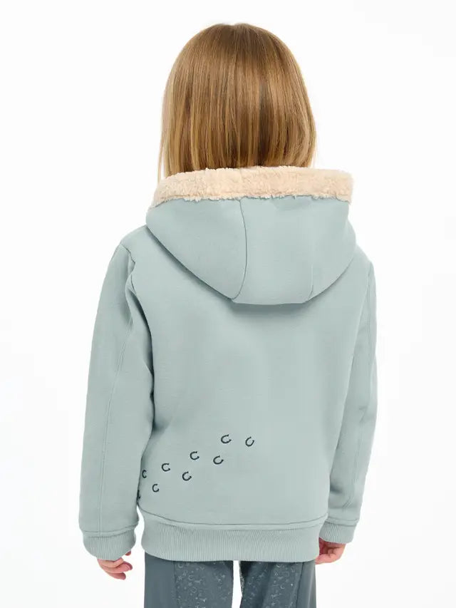 Lemieux Mini Charlie Lined Hoodie - Glacier. Kids Equestrian Zip-Up with Cozy Hood & Hoofprint Design.