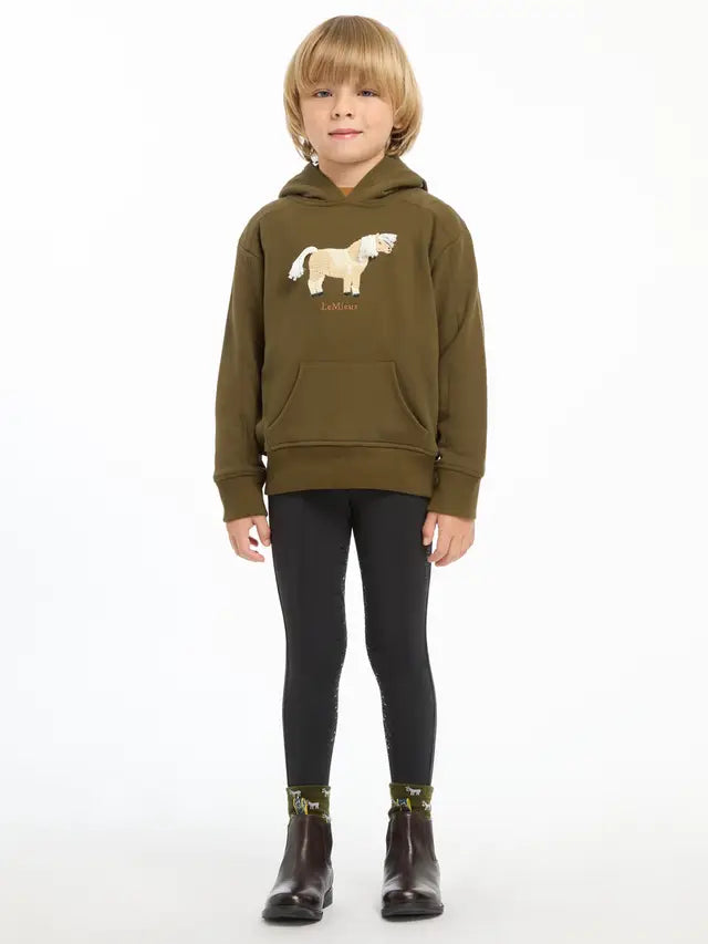 LEMIEUX MINI ROMI HOODIE ALPINE: Petrol brushed cotton hoodie for kids from Equiflair with horse appliqué. Playful, warm, and cozy.