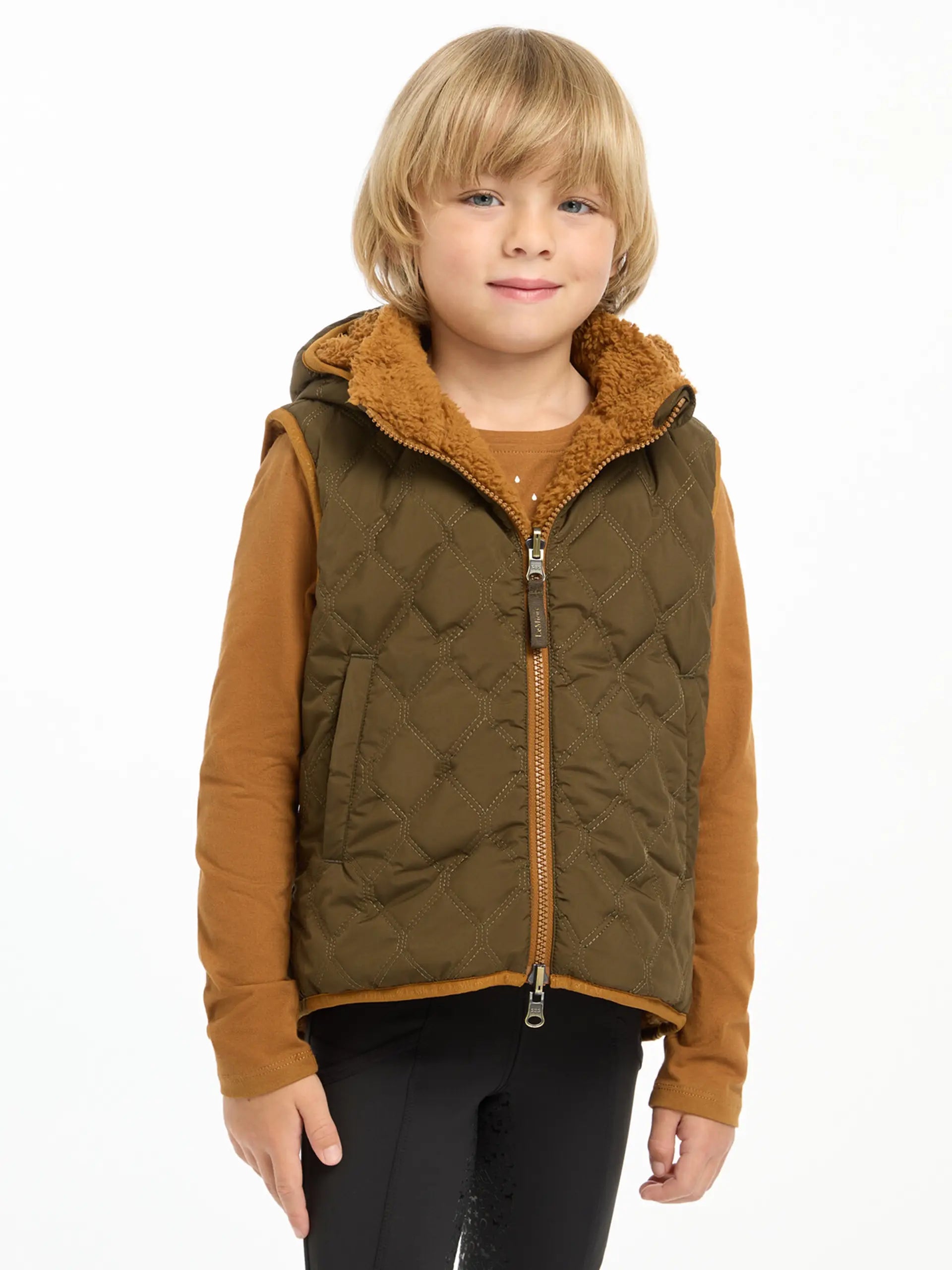 LeMieux Mini Elsie Reversible Gilet Alpine - Boy's Quilted Vest with Hood - Cozy Fleece Lining