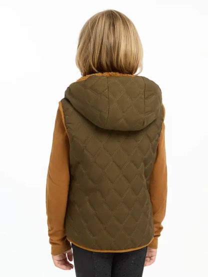 LEMIEUX MINI ELSIE reversible quilted gilet alpine, diamond padded vest with detachable hood, back view. 