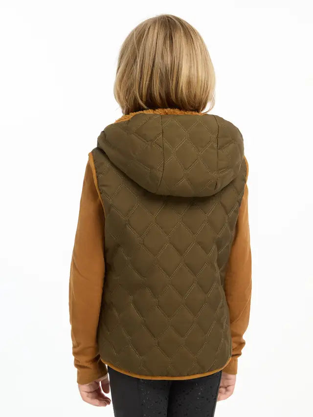 LEMIEUX MINI ELSIE reversible quilted gilet alpine, diamond padded vest with detachable hood, back view. 