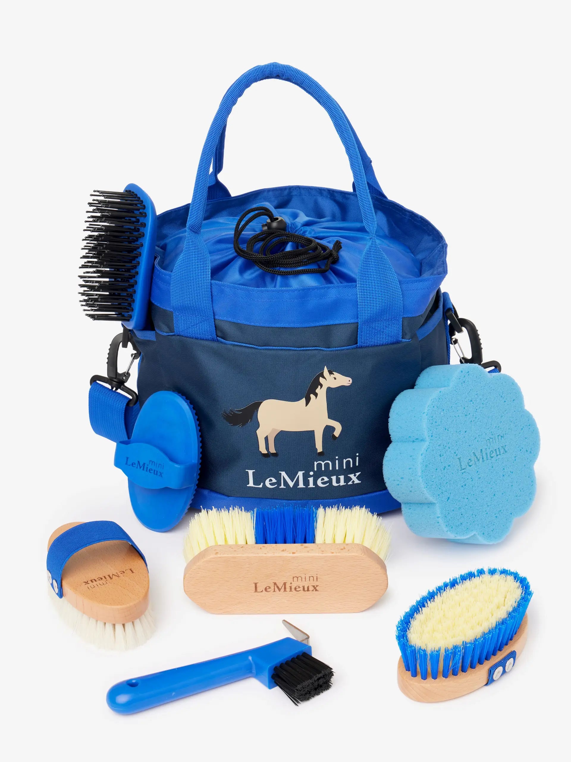 LeMieux Mini Grooming Set - Benetton Blue. Complete horse grooming kit with brushes, sponge, and bag. Equestrian supplies by LeMieux.