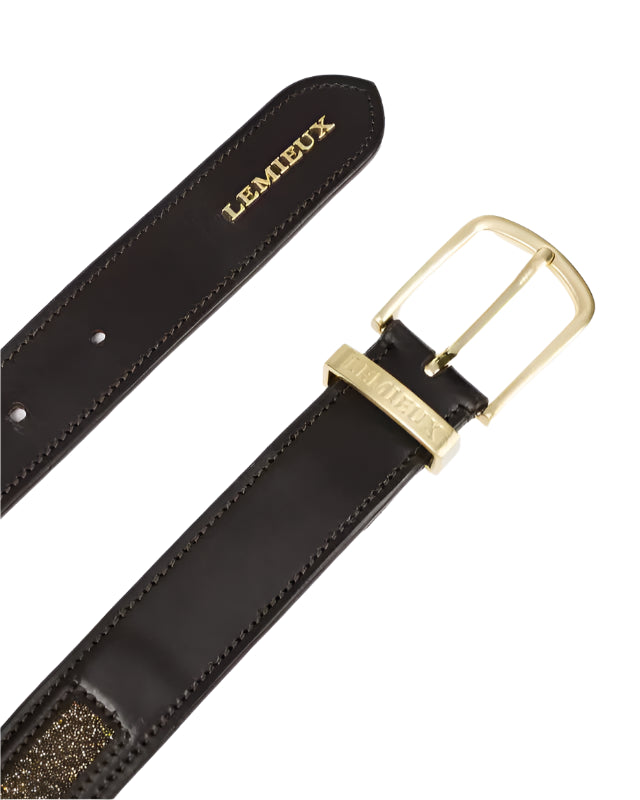 LEMIEUX CRYSTAL INSERT BELT BROWN: Premium leather riding belt with crystal detail and gold buckle. Equestrian fashion.