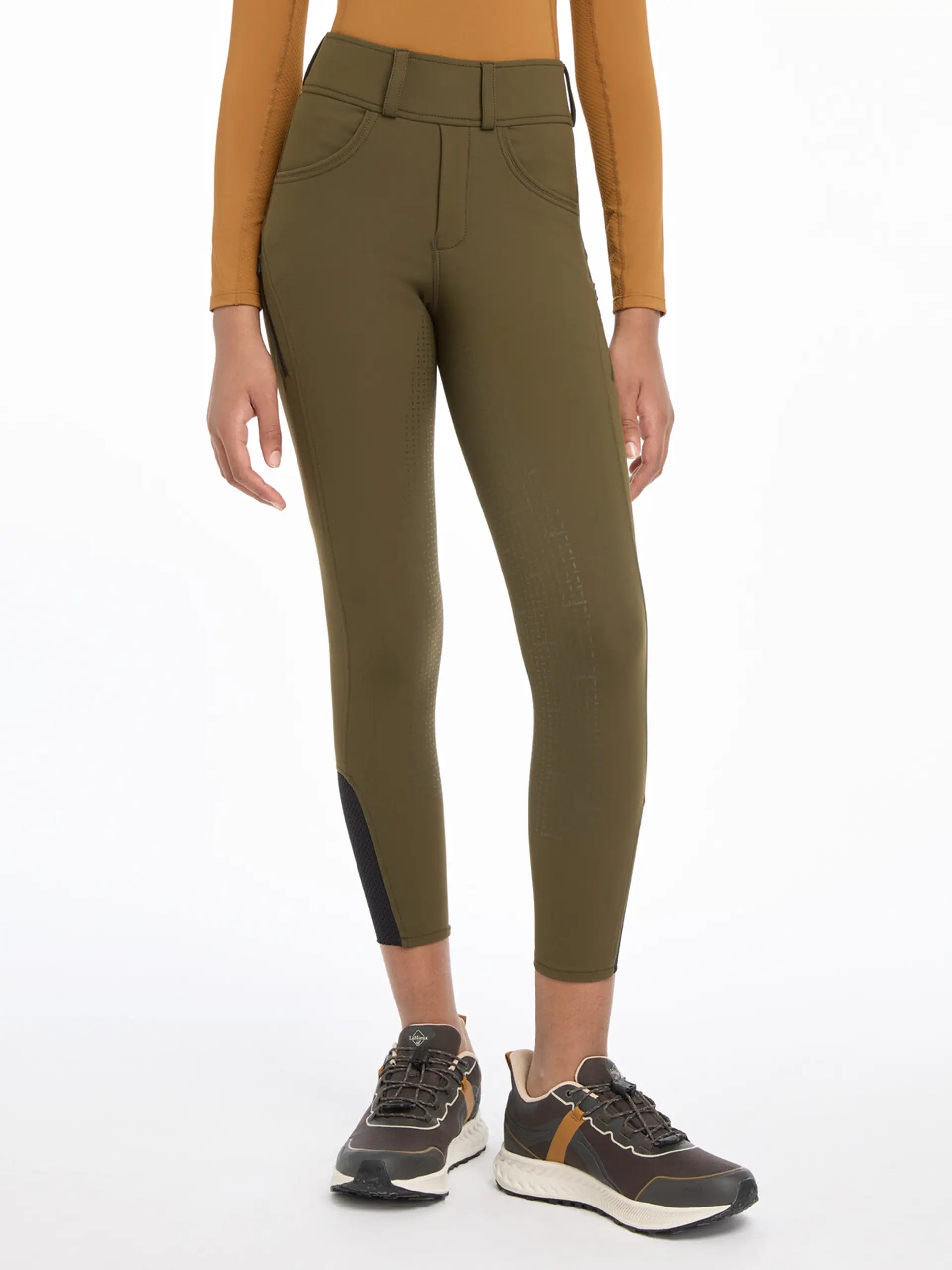 LEMIEUX YOUNG RIDER ELLA WINTER BREGGINGS ALPINE - Olive riding apparel with full seat silicone grip & leg pocket for young riders.