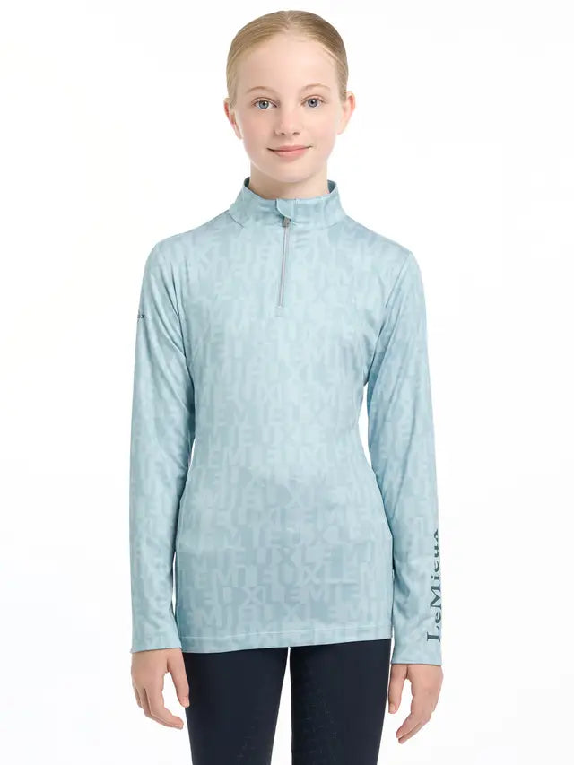 LeMieux Young Rider Casey Base Layer - Glacier Blue Monogrammed Quarter Zip Top, Kids Equestrian Apparel