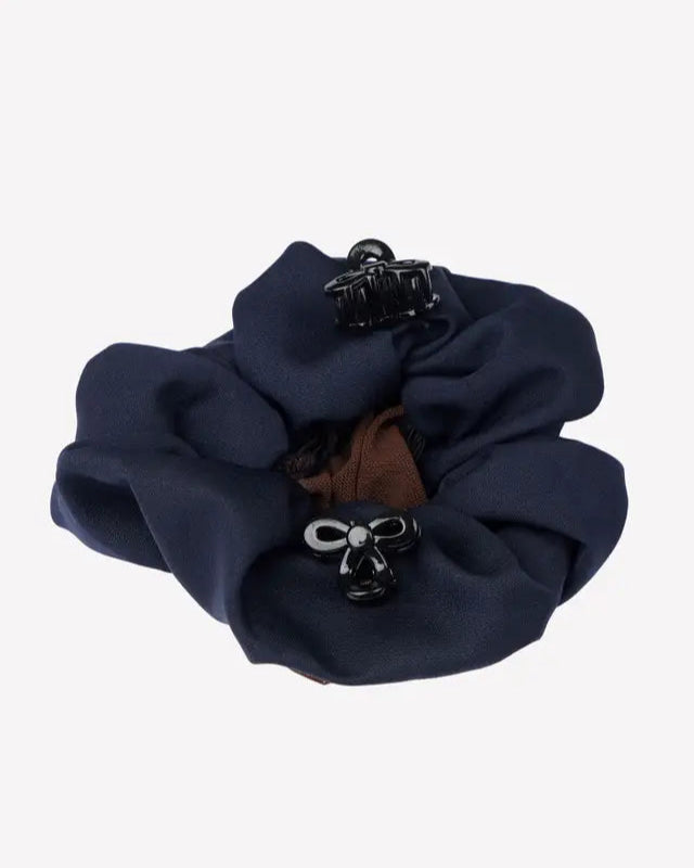 LeMieux Navy Satin Scrunchie with Crystal Hairnet & Claw Clips - Equestrian Hair Accessory