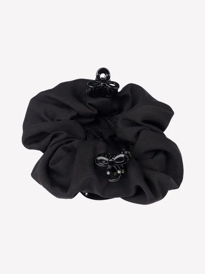Black LeMieux scrunchie with crystal hair net and clips. Satin scrunchie for shows and events. Elegant hair accessory.